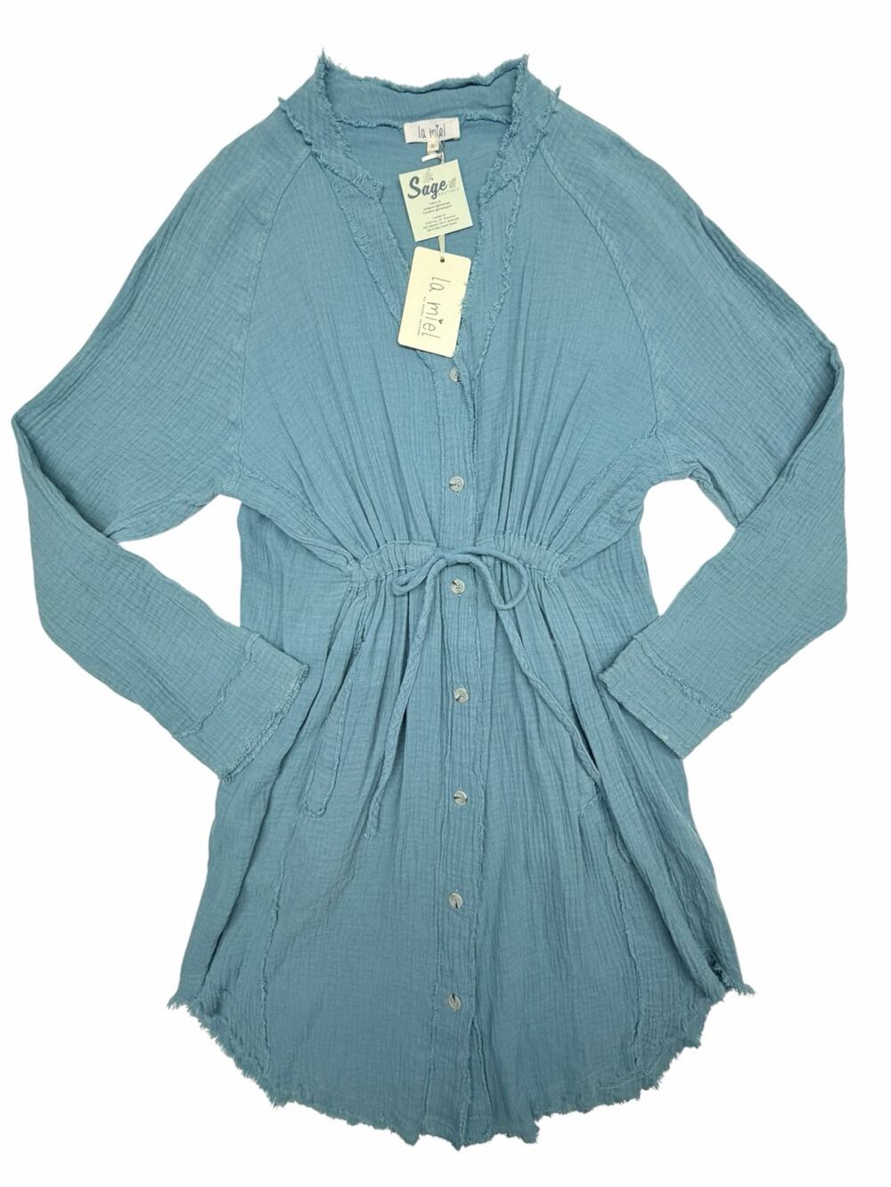 La Miel Women's Small Blue Gauze Button Front Drawstring Mini Dress NWT